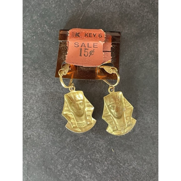 Vintage Gold Tone Blue Accent King Tut Earrings Clip On - Picture 6 of 6